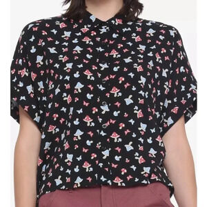 Hot Topic Mushroom Butterfly Juniors Woven Button-Up Boxy Crop Size S/M